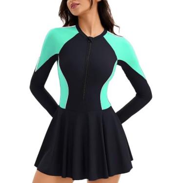 Imagem de Maiô feminino de manga comprida Rash Guard com proteção solar com zíper e manga comprida, Esmeralda, X-Large