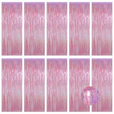 Imagem de Pacote com 10 cortinas de alumínio rosa, 1 m x 3 m, cortinas metálicas de franja de folha de estanho, cenário de cabine de fotos, cenário para festa de aniversário, noivado, despedida de solteira