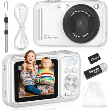 Imagem de Câmera digital para crianças, câmeras digitais 48MP FHD 1080p Point and Shoot com zoom de 16X, câmeras compactas portáteis para fotografia, para meninos meninas adolescentes iniciantes - branca