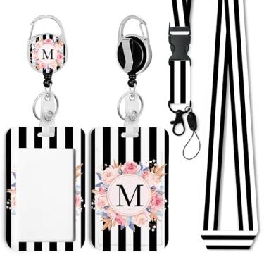 Imagem de Porta-crachá inicial com clipe para crachá retrátil resistente, cordão e chaveiro, suporte de identificação para escola, enfermeira, escritório, listra preta M