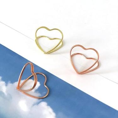 Imagem de 10 peças de porta-notas de metal em forma de coração duplo, suporte de mesa triangular, suporte de cartão com clipe de foto, suporte de cartão de casamento, banquete de coração, porta-mensagens