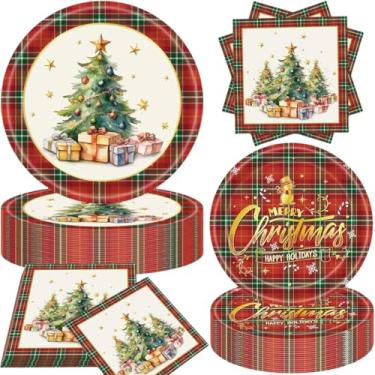 Imagem de Glazeal Conjunto de 200 pratos e guardanapos de Natal, conjuntos descartáveis de 50 pratos de papel de 18 cm e 23 cm e 200 guardanapos para artigos de festa grandes de Natal vintage