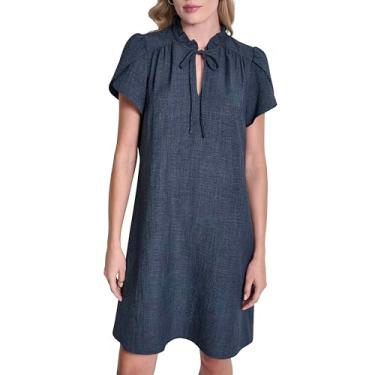 Imagem de DKNY Vestido trapézio feminino com laço frontal e babados e decote, jeans, 6
