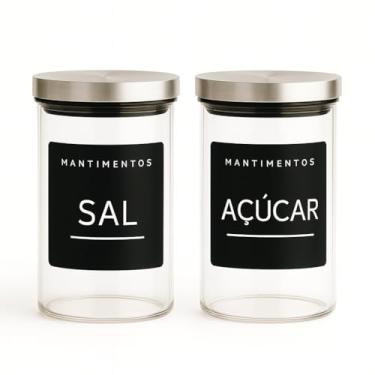 Imagem de Kit 2 Potes Herméticos de Vidro Transparente com Tampa de Inox, 1300ml, 10x20cm, Para Mantimentos Com Etiquetas de Açúcar e Sal