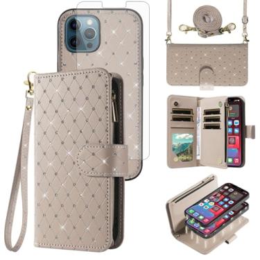 Imagem de Capa carteira compatível com iPhone 12 Pro Max 6,7 com zíper, protetor de tela para celular, alça transversal, flip com glitter, porta-cartões, capa para iPhone 12promax 5G i 12s iPhone12 12pro Promax