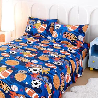 Imagem de Swiftify Jogo de lençol casal para crianças, meninos e meninas, jogo de cama de 4 peças para adolescentes, meninos e meninas, conjunto de cama com estampa de desenho animado, bolso profundo de