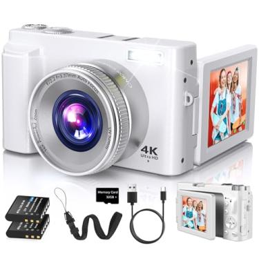 Imagem de Câmera digital 4K para foco automático de fotografia, câmera vlogging de 48 MP 2026 para YouTube com cartão SD, 2 baterias, tela flip de 3 polegadas 180°, câmera de viagem compacta para adolescentes