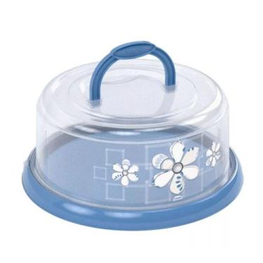 Imagem de Boleira com Alca e Rosca Plasutil Decorada Azul com Flores 003050 - Pl