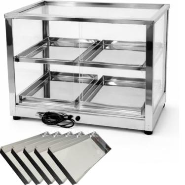 Imagem de Estufa Elétrica para Salgados com 4 Bandejas + 6 Extra opcional, Vitrine Aquecedora de Aço Inoxidável, Vidros Retos, 36x32x40 cm, Pés Emborrachados (110V, 6 Bandeja)