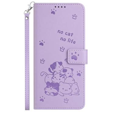 Imagem de Yarxiawin Capa de telefone de couro para Samsung S25 FE 5g com suporte para cartão, capa flip para Samsung Galaxy S25 FE capa carteira bonito de gato à prova de choque com cordão de alça (roxa)