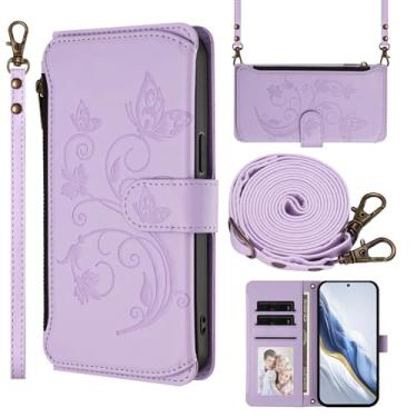Imagem de Capa carteira para Samsung Galaxy S25 FE com suporte para cartão, bolso com zíper e alça longa - capa fólio de couro com fecho magnético, suporte, capa feminina anti-impressão digital (roxo claro)