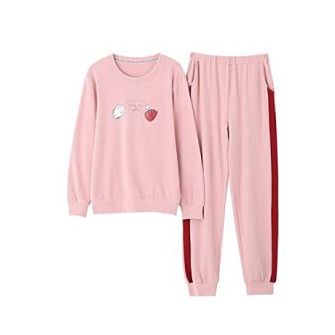 Imagem de HHHJQFAAT Conjunto de pijama feminino primavera manga comprida gola redonda casual plus size roupa de dormir feminina (rosa médio)