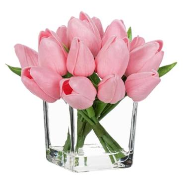 Imagem de DILATATA Tulipas artificiais rosa pálido em vaso com água sintética 14 cm, flores de toque real, tulipas falsas, arranjo de flores pequenas em vaso de vidro para mesa de dia das mães, decoração de