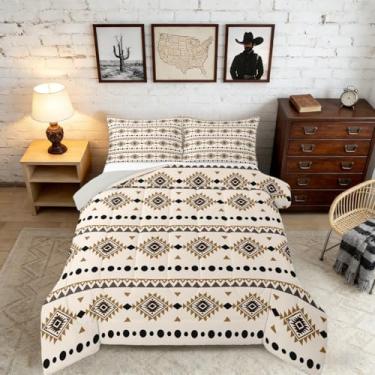 Imagem de Erosebridal Conjunto de edredom asteca ocidental, tamanho casal, boêmio, para quarto de meninos e homens, edredom tribal exótico, colcha geométrica de casa de fazenda do sudoeste com 2 fronhas