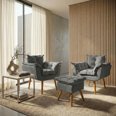 Imagem de Kit 2 Poltronas Decorativa e Puff Para Sala Recepção Manicure Consultório Quarto Alice Tecido Suede