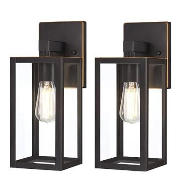 Imagem de GRUENLICH Lanternas de parede externas grandes à prova d'água, arandelas de varanda modernas com sombra de vidro transparente, soquete E26 máx. 60W, IP65, moldura de metal, para pátio, porta da frente