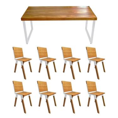 Imagem de Conjunto Mesa Industrial Bernardo Madeira Maciça 2,20mx90cm C- Ferragem Branca E 8 Cadeiras Detroit Marrom