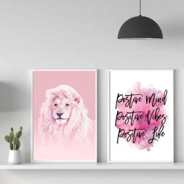 Imagem de Kit 2 Quadros Leão Rosa 24x18cm - Vidro e Moldura Preta