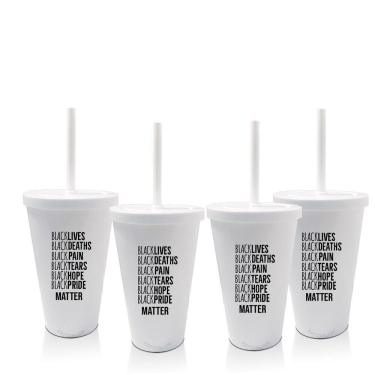 Imagem de Kit 4 Copos Com Tampa E Canudo Branco Lista Black Lives