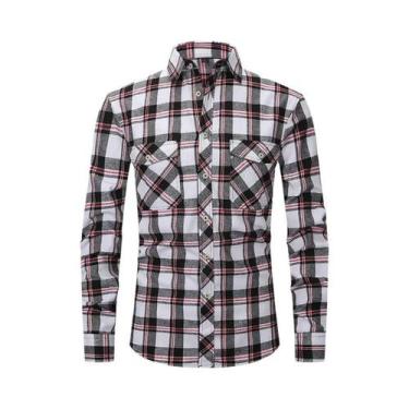 Imagem de Camisa Masculina De Manga Longa Em Algodão Escovado Xadrez Vermelho Eu