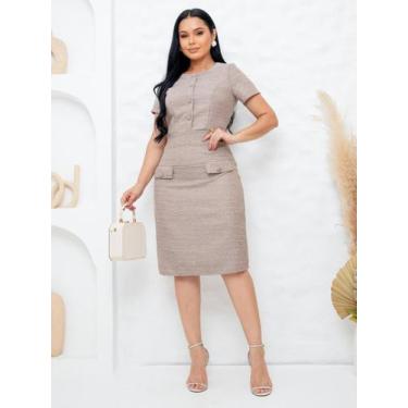 Imagem de Vestido Feminino Elegante de Tweed Manga Curta Social Trabalho Festa C