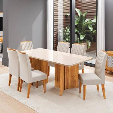 Imagem de Conjunto Sala de Jantar 6 Lugares Retangular Tampo de Vidro/mdf Corleone Mel/Off White/Bege