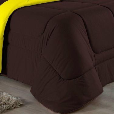 Imagem de Kit Edredom Dupla Face + Jogo De Lençol Casal Nobre 6 Peças Malha 100% Algodão - Marrom / Amarelo