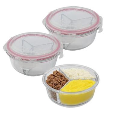Imagem de Kit 2 Potes De Vidro 875ml 3 Divisórias Hermético Marmita Fit Com Trav