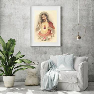Imagem de Quadro Arte Sacra Sagrado Coração De Jesus Vintage - 60x48cm