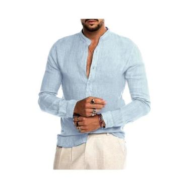 Imagem de Camisa Masculina De Verão Em Algodão E Linho De Cor Sólida Com Manga L