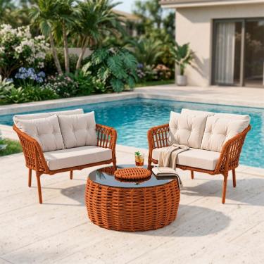 Imagem de Conjunto 2 Poltronas E Mesa De Centro Cervejeira Aço E Corda Náutica Terracota Harpia T...