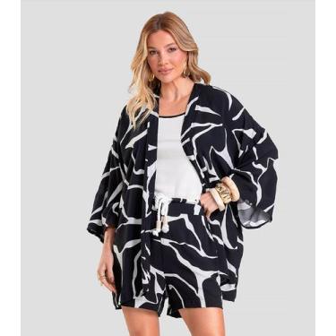 Imagem de Kimono Feminino em Tecido Estampado Dianna Preto, P, Preto