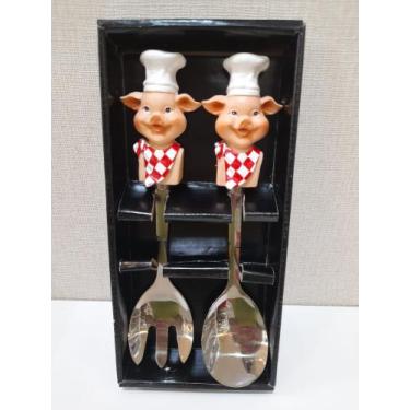 Imagem de Conjunto Talheres para Salada Inox Cabo Decorado Pig 2 peças 25cm Bon 