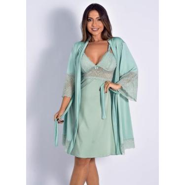Imagem de Kit Robe Roupão de Banho + Camisola Com Renda Lingerie Luxo Conforto -