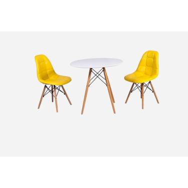 Imagem de Conjunto Mesa Eiffel Branca 80cm + 2 Cadeiras Dkr Charles Eames Wood Estofada Botonê - Amarela