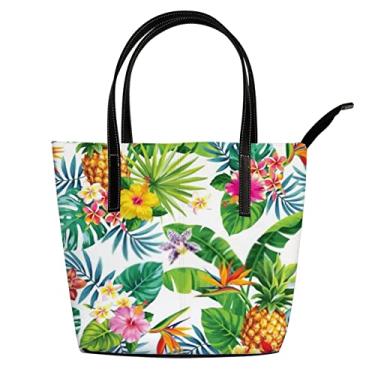 Imagem de Bolsa de ombro para mulheres, abacaxis tropicais, folhas de palmeira, flores, bolsa de trabalho, grande, casual