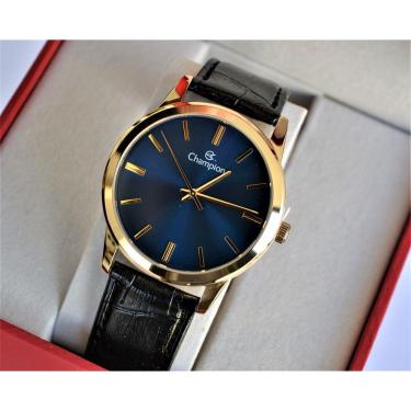 Imagem de Relogio Champion Dourado Visor Azul Couro Cn20702s