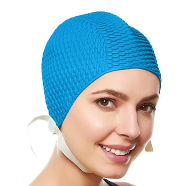 Imagem de (Light Blue) - Retro Bubble Crepe Swim Bathing Cap with Chin Strap (Available in 6 colours)