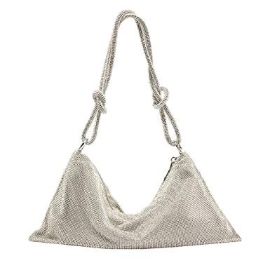 Imagem de Bolsa feminina de noite com strass prata brilhante Hobo Bolsa de viagem Férias Festa Clube Baile Bling Bolsa de ombro, Prata