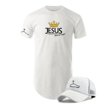 Imagem de Camiseta Long Line Masculina Com Boné Aba Curva Personalizados Jesus R