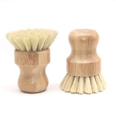 Imagem de Escova de lavagem de pratos de sisal natural de bambu escova redonda para esfregar panelas vegetais escova de limpeza doméstica, pacote com 2, Branco