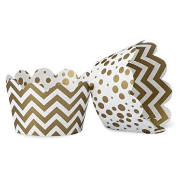 Imagem de Embrulhos de cupcake dourados e brancos para casamentos, formaturas, festas de aniversário de crianças e adultos, chás de bebê. Conjunto de 24 envoltórios reversíveis para bolos com pontos, chevrons. Ouro metálico, branco