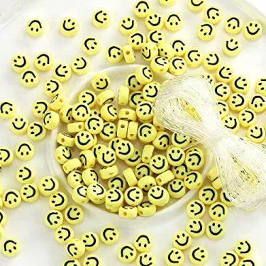 Imagem de 300 contas de rosto sorridente amarelas 7 mm DIY contas misturadas de acrílico com corda elástica para fabricação de joias - pulseiras, brincos, colares, suprimentos de artesanato ornamento (Amarelo)