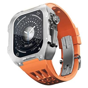 Imagem de KANUZ Pulseira de caixa de relógio, para Apple Watch Case Band 44mm 45mm Metal Frame Strap Acessórios, para iWatch Series 8 7 6 5 SE Substituir, com ferramenta (Cor: Laranja, Tamanho: 44mm)