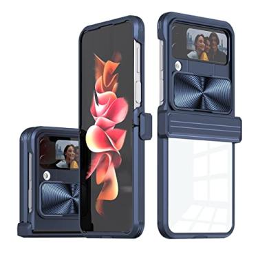 Imagem de DENSUL Capa para Samsung Galaxy Z Flip 4, com capa de câmera deslizante e proteção de dobradiça, capa rígida de policarbonato anti-queda TPU à prova de choque capa transparente dobrável, azul