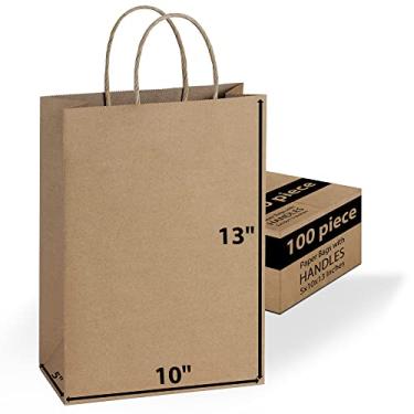 Imagem de Bolsas de papel Kraft para presente em massa com alças [ideal para compras, embalagem, varejo, festa, artesanato, presentes, casamento, reciclado, negócios, mercadorias e bolsa de mercado] (100 unidades), Marrom