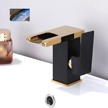 Imagem de Conjunto de torneiras de lavatório de banheiro com cascata de LED de latão Misturador de água quente e fria Torneira de pia com guindaste Mudança de cor Alimentado por torneiras de fluxo de água, OURO PRETO A