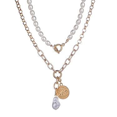 Imagem de JWICOS Colar de corrente grossa de ouro para mulheres e meninas colar de corrente com moeda e pérola OT fecho de alternância gargantilha boêmia dupla camada gargantilha para presente de mulheres e meninas