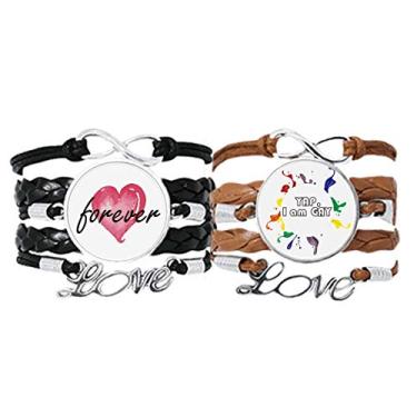 Imagem de DIYthinker LGBT Pulseira masculina com bandeira de arco-íris Yap I Am Pulseira de mão Corda de couro Forever Love Conjunto duplo