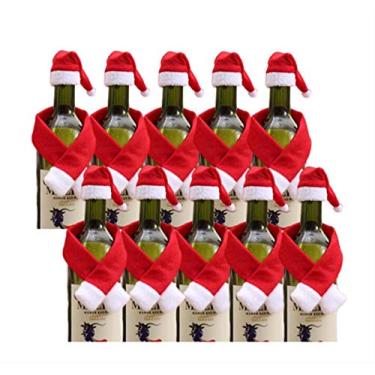 Imagem de Conjunto de 10 peças de cobertura de garrafa de vinho de Natal, mini chapéu de Papai Noel e cachecol de garrafa de vinho para decoração de casa criativa, festa, jantar, licor, vidro, decorações de boas-vindas, casamento (10 peças)